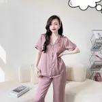 Đồ bộ quần lửng pijama áo tay ngắn cổ bẻ màu trơn