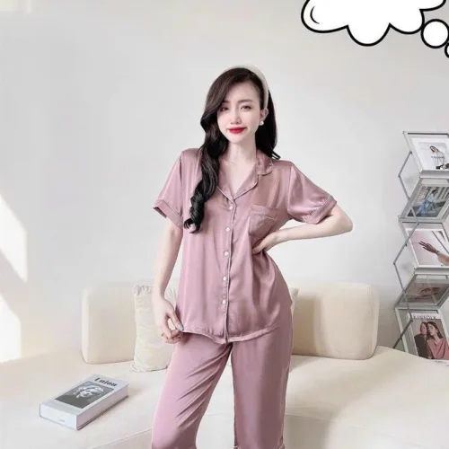 Đồ bộ quần lửng pijama áo tay ngắn cổ bẻ màu trơn