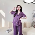 Đồ bộ quần lửng pijama áo tay ngắn cổ bẻ màu trơn