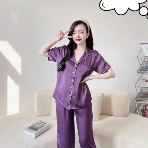 Đồ bộ quần lửng pijama áo tay ngắn cổ bẻ màu trơn