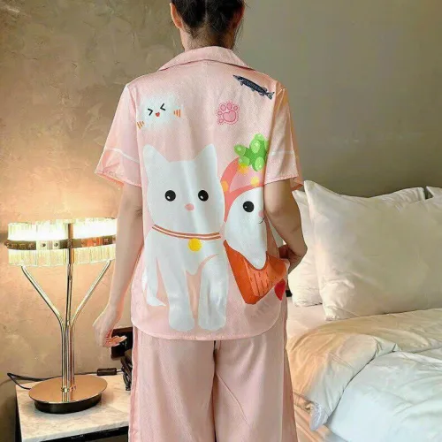Đồ bộ quần lửng pijama tay ngắn cổ bẻ hoạ tiết