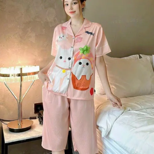 Đồ bộ quần lửng pijama tay ngắn cổ bẻ hoạ tiết
