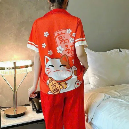 Đồ bộ quần lửng pijama tay ngắn cổ bẻ hoạ tiết