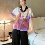 Đồ bộ quần lửng pijama tay ngắn cổ bẻ hoạ tiết