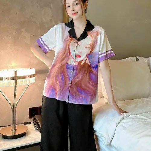 Đồ bộ quần lửng pijama tay ngắn cổ bẻ hoạ tiết