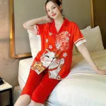 Đồ bộ quần lửng pijama tay ngắn cổ bẻ hoạ tiết