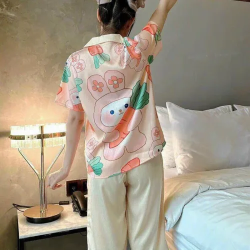 Đồ bộ quần lửng pijama tay ngắn cổ bẻ hoạ tiết