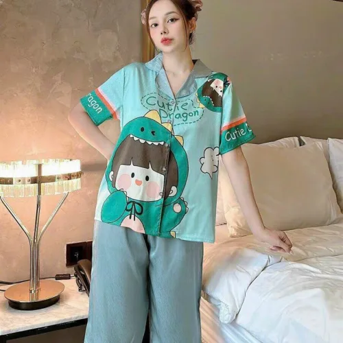 Đồ bộ quần lửng pijama tay ngắn cổ bẻ hoạ tiết