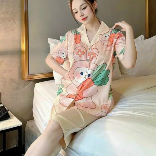 Đồ bộ quần lửng pijama tay ngắn cổ bẻ hoạ tiết