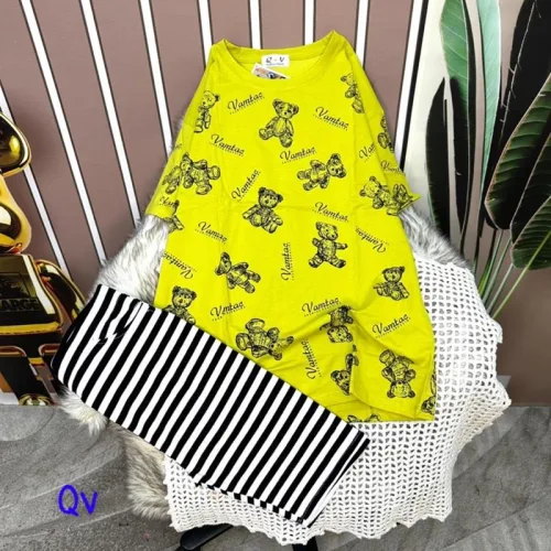 Đồ bộ quần lửng sọc áo tay ngắn in hình gấu