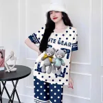 Đồ bộ quần lửng vải xước in hình cổ tròn