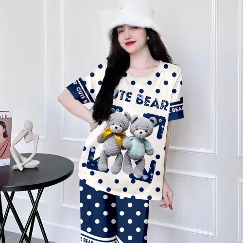 Đồ bộ quần lửng vải xước in hình cổ tròn