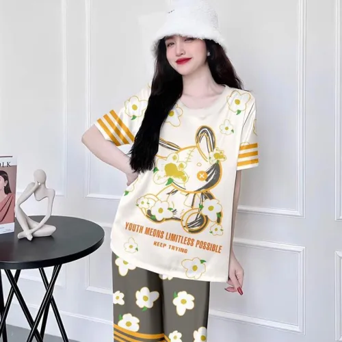 Đồ bộ quần lửng vải xước in hình cổ tròn