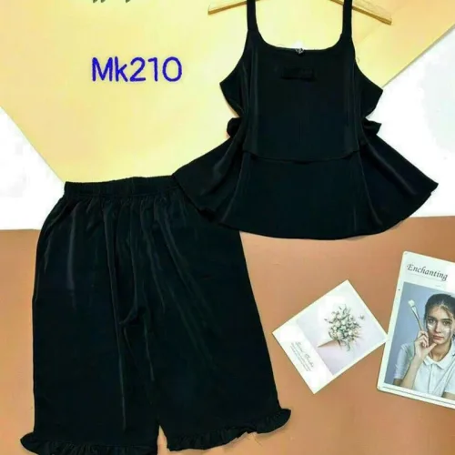 Đồ bộ quần lửng viền bèo áo dây 2 tầng màu trơn
