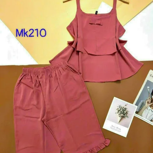Đồ bộ quần lửng viền bèo áo dây 2 tầng màu trơn