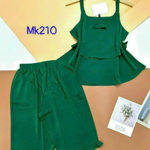 Đồ bộ quần lửng viền bèo áo dây 2 tầng màu trơn