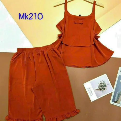 Đồ bộ quần lửng viền bèo áo dây 2 tầng màu trơn