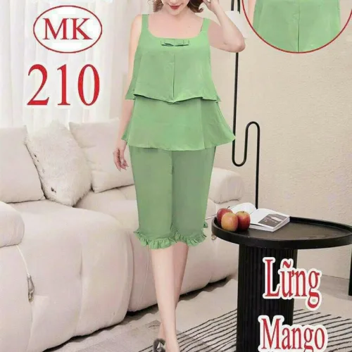 Đồ bộ quần lửng viền bèo áo dây 2 tầng màu trơn