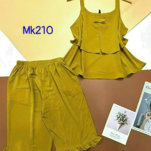 Đồ bộ quần lửng viền bèo áo dây 2 tầng màu trơn