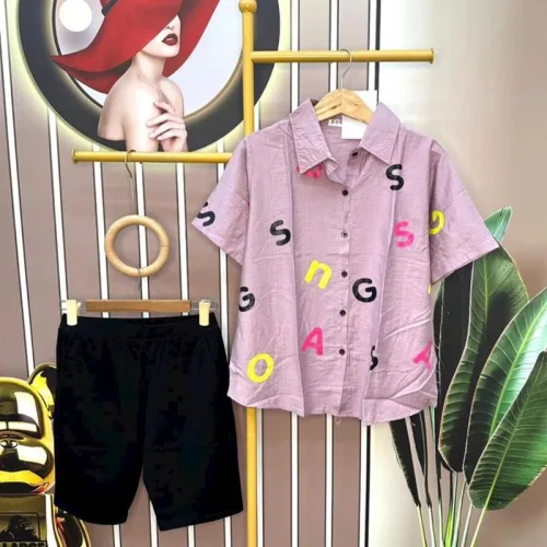 Đồ bộ quần ngố áo sơ mi tay ngắn in chữ