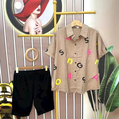 Đồ bộ quần ngố áo sơ mi tay ngắn in chữ