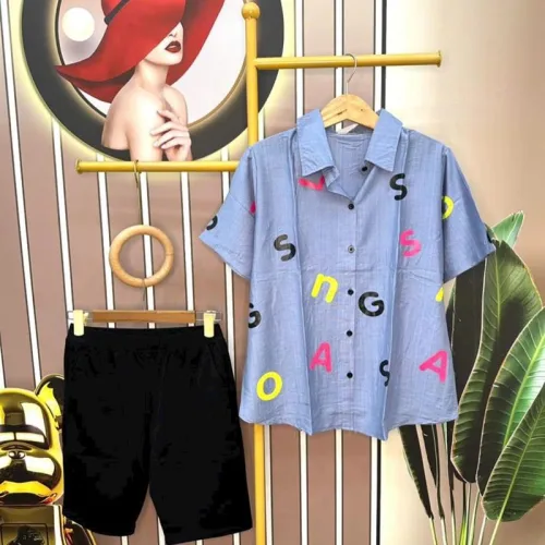 Đồ bộ quần ngố áo sơ mi tay ngắn in chữ