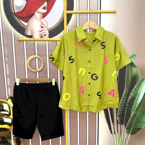 Đồ bộ quần ngố áo sơ mi tay ngắn in chữ