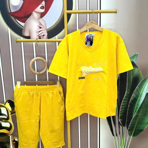 Đồ bộ quần ngố áo tay ngắn cổ tim in chữ form rộng