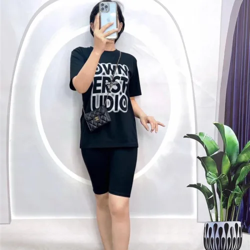 Đồ bộ quần ngố áo tay ngắn cổ tròn in chữ