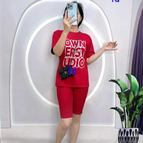 Đồ bộ quần ngố áo tay ngắn cổ tròn in chữ