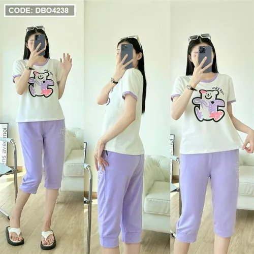 Đồ bộ quần ngố áo tay ngắn in hình gấu màu