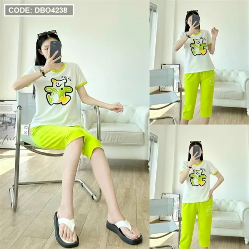 Đồ bộ quần ngố áo tay ngắn in hình gấu màu