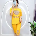 Đồ bộ quần ngố áo tay ngắn in hình trái tim trắng chữ