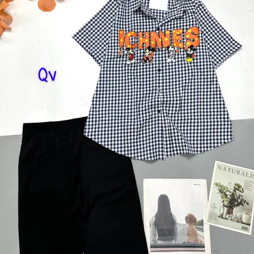 Đồ bộ quần ngố đen áo sơ mi tay ngắn cổ bẻ caro