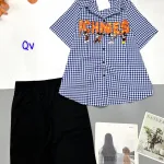 Đồ bộ quần ngố đen áo sơ mi tay ngắn cổ bẻ caro
