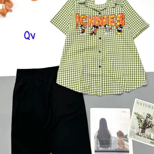 Đồ bộ quần ngố đen áo sơ mi tay ngắn cổ bẻ caro