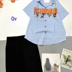 Đồ bộ quần ngố đen áo sơ mi tay ngắn cổ bẻ caro