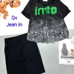 Đồ bộ quần ngố đen áo sơ mi tay ngắn cổ bẻ in chữ