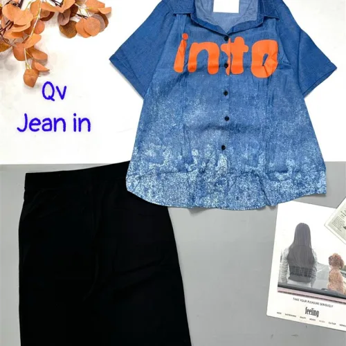 Đồ bộ quần ngố đen áo sơ mi tay ngắn cổ bẻ in chữ