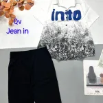 Đồ bộ quần ngố đen áo sơ mi tay ngắn cổ bẻ in chữ