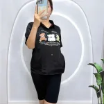 Đồ bộ quần ngố đen áo sơ mi tay ngắn cổ bẻ in hình