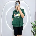Đồ bộ quần ngố đen áo sơ mi tay ngắn cổ bẻ in hình
