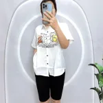 Đồ bộ quần ngố đen áo sơ mi tay ngắn cổ bẻ in hình