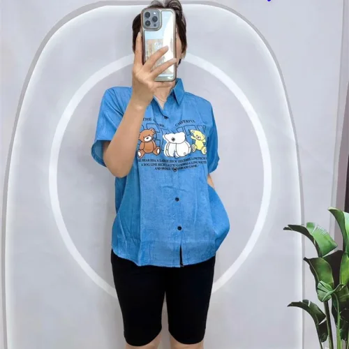 Đồ bộ quần ngố đen áo sơ mi tay ngắn cổ bẻ in hình