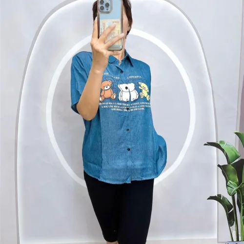 Đồ bộ quần ngố đen áo sơ mi tay ngắn cổ bẻ in hình