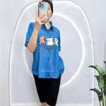 Đồ bộ quần ngố đen áo sơ mi tay ngắn cổ bẻ in hình