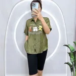 Đồ bộ quần ngố đen áo sơ mi tay ngắn cổ bẻ in hình