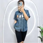 Đồ bộ quần ngố đen áo sơ mi tay ngắn cổ bẻ in hình