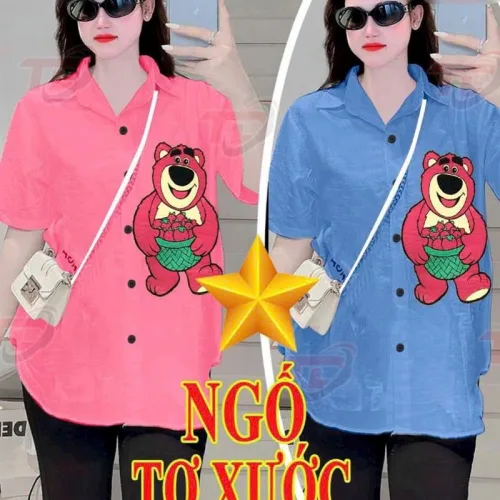 Đồ bộ quần ngố đen áo sơ mi tay ngắn cổ bẻ in hình