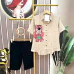 Đồ bộ quần ngố đen áo sơ mi tay ngắn cổ bẻ in hình